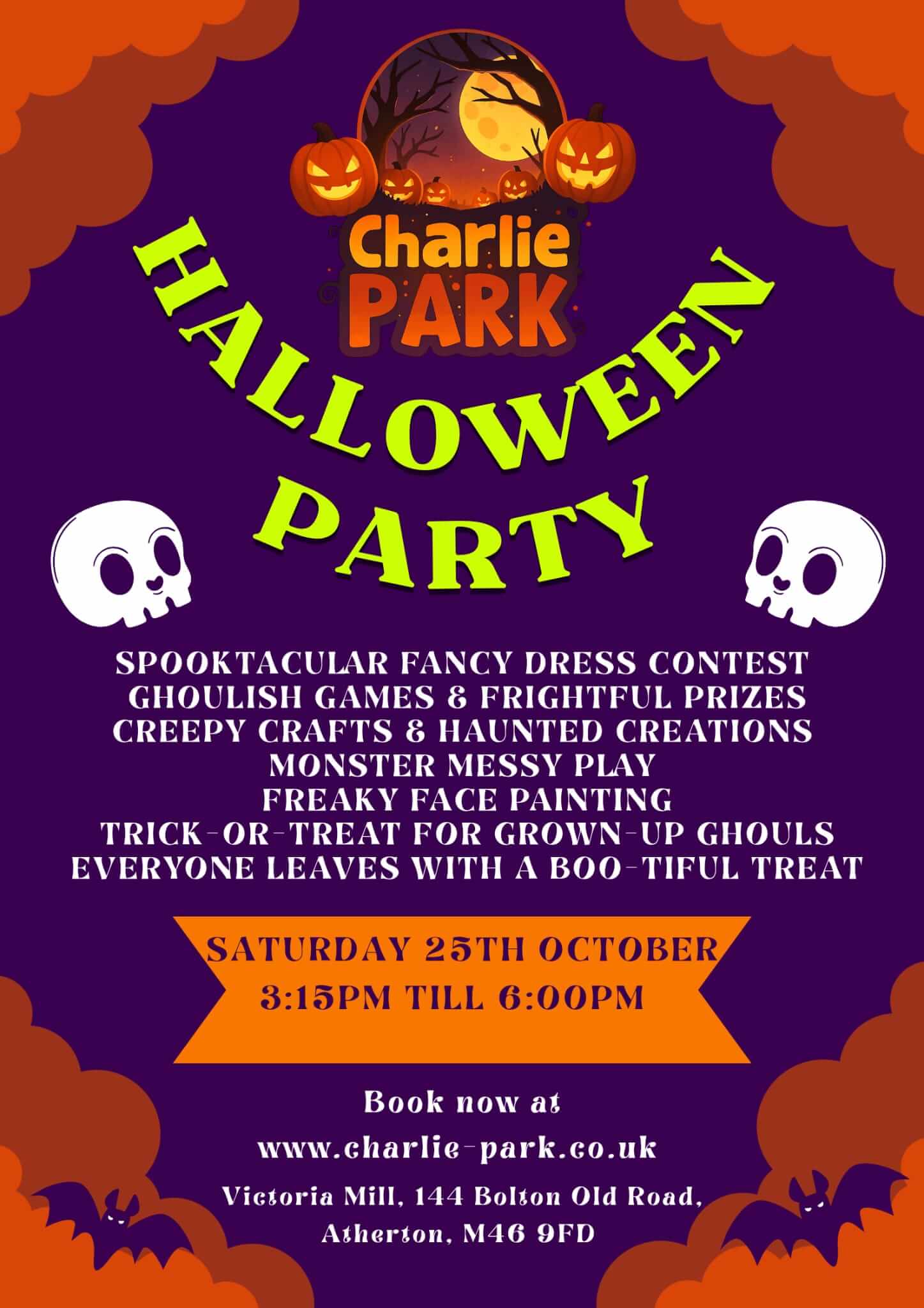 Charlie-Park-Atherton-Halloween-Party-2025 Event poster for a Halloween Party at Charlie Park Atherton