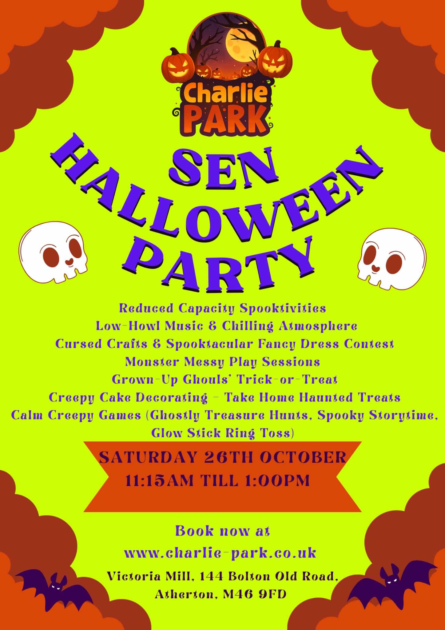 Charlie-Park-Atherton-sen-halloween-party-2025 Event poster for a SEN Halloween Party at Charlie Park Atherton