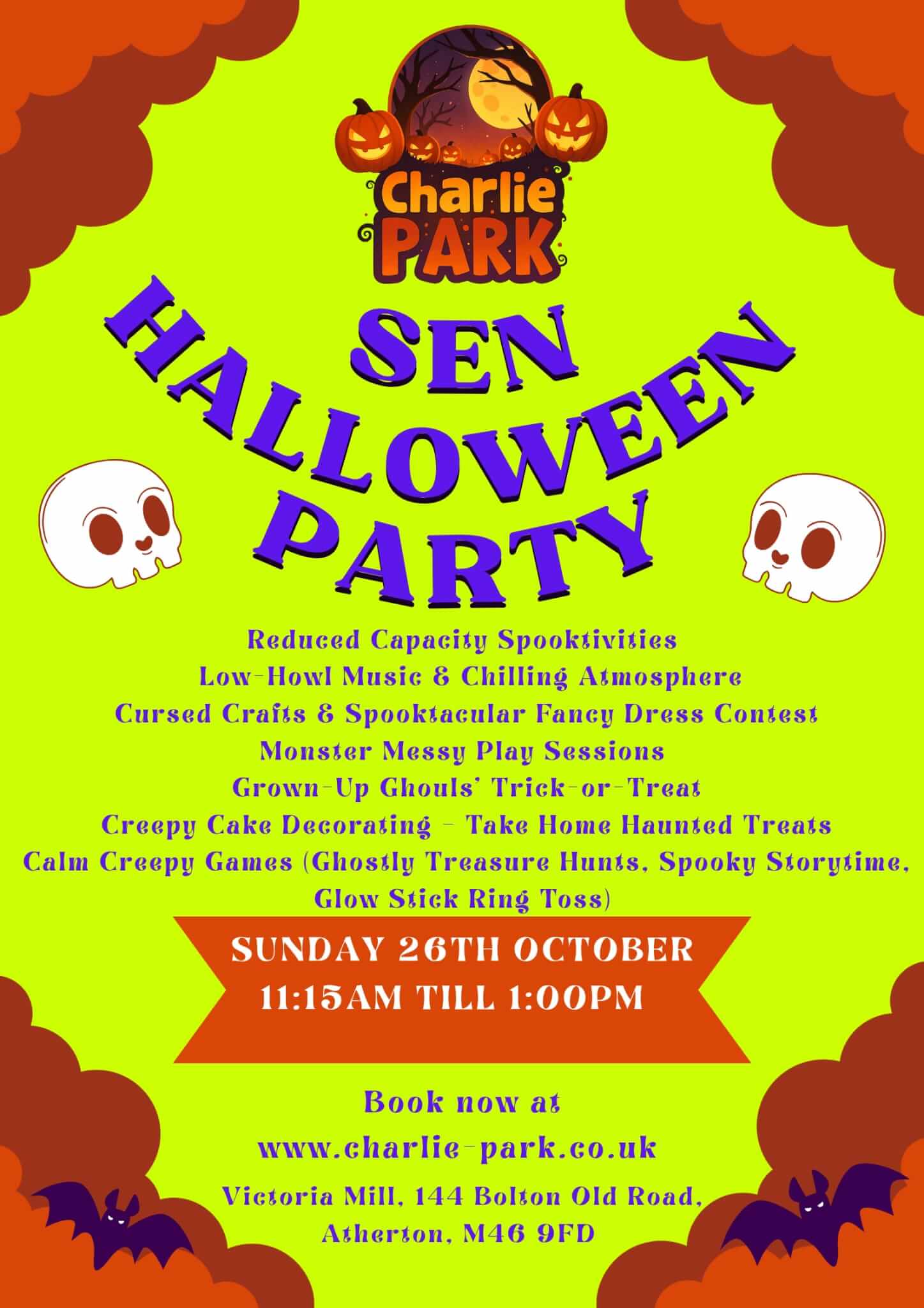 Event poster for a SEN Halloween Party at Charlie Park Atherton