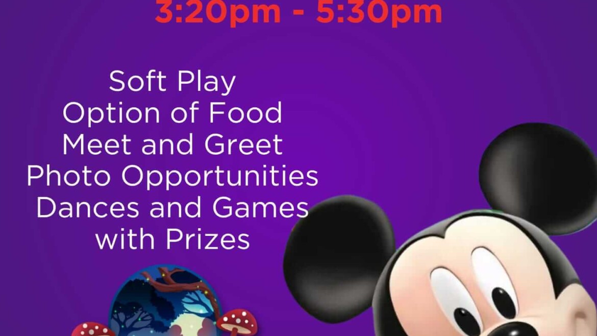 Mickey and Friends event poster with a purple background showing Mickey Mouse waving. Text lists Friday 23rd January, 3.20pm to 5.30pm, soft play, optional food, meet and greet, photo opportunities, dances and games with prizes.