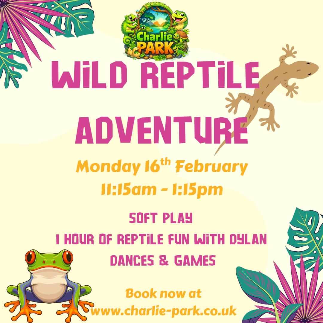 Charlie Park poster for “Wild Reptile Adventure” on Monday 16th February, 11:15am to 1:15pm. Includes soft play, one hour of reptile fun with Dylan, plus dances and games.