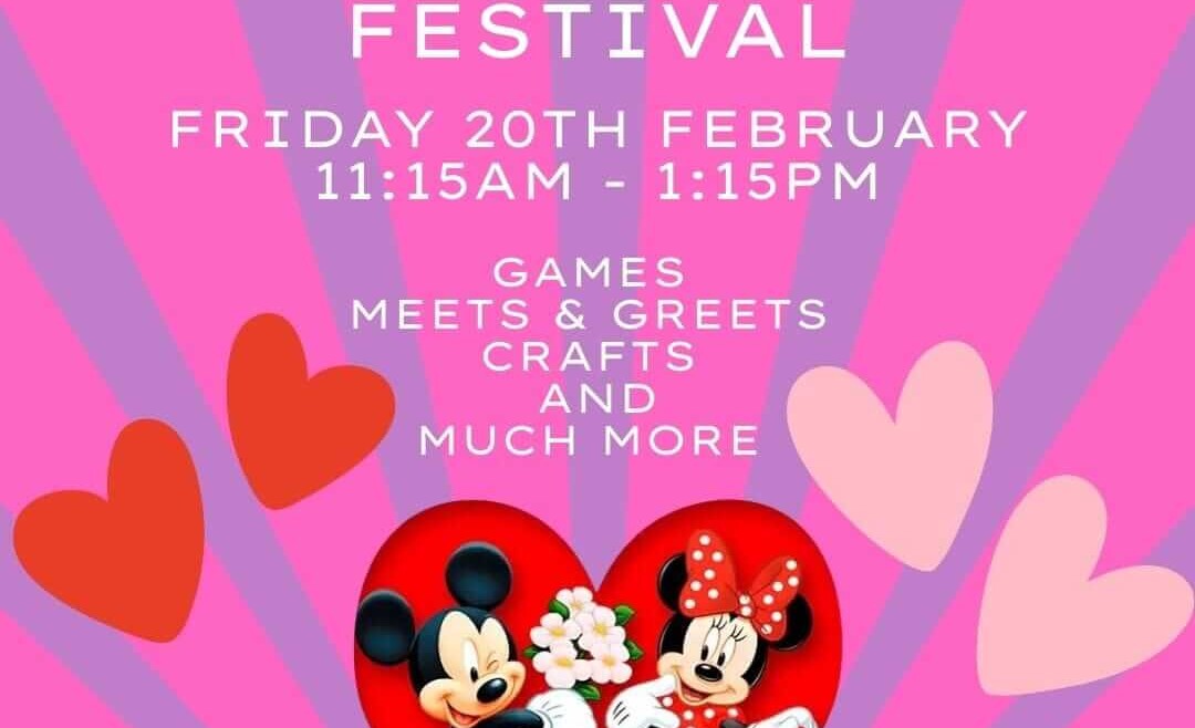 Pink Charlie Park poster for Love and Friendship Festival, Friday 20 February 11:15am to 1:15pm, with heart graphics, activities listed, and booking link.