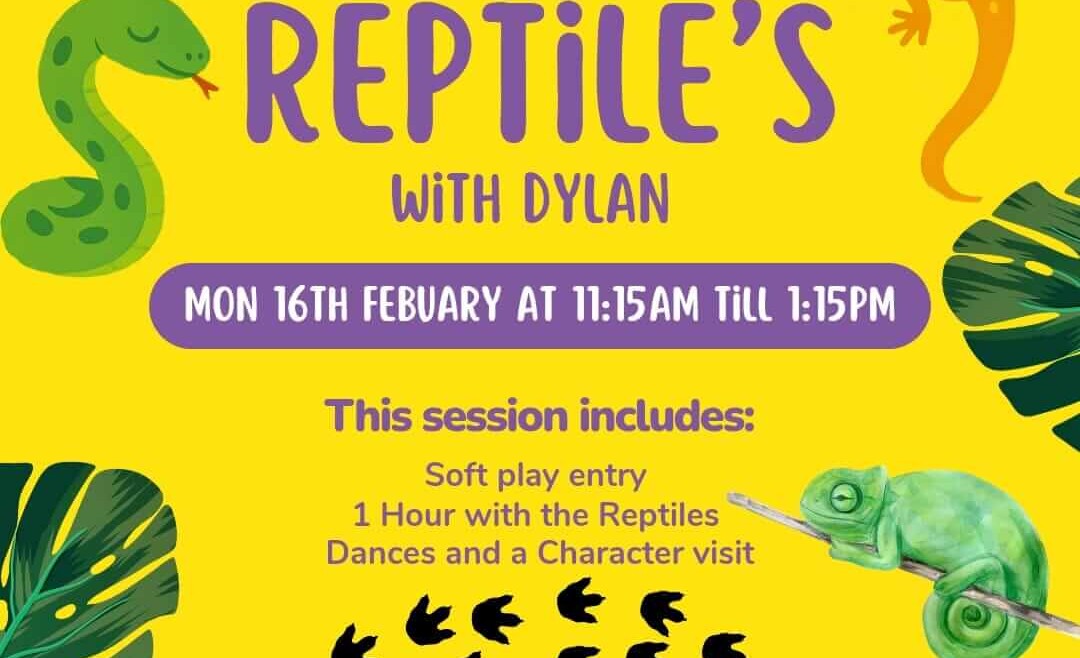 Bright yellow Charlie Park poster advertising Reptiles with Dylan, Monday 16 February 11:15am to 1:15pm, with reptiles illustrations, session inclusions, booking link and Atherton address.