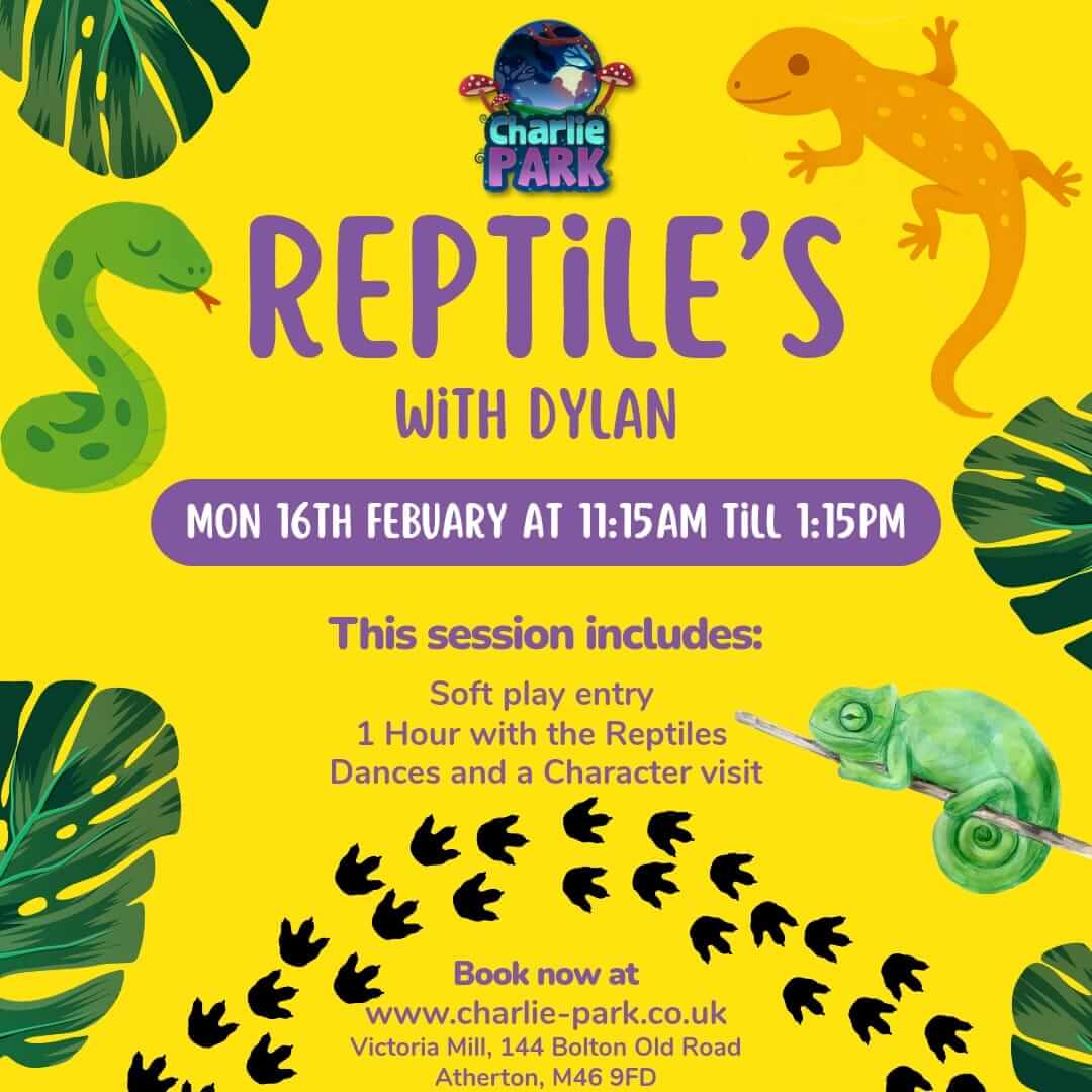 Bright yellow Charlie Park poster advertising Reptiles with Dylan, Monday 16 February 11:15am to 1:15pm, with reptiles illustrations, session inclusions, booking link and Atherton address.