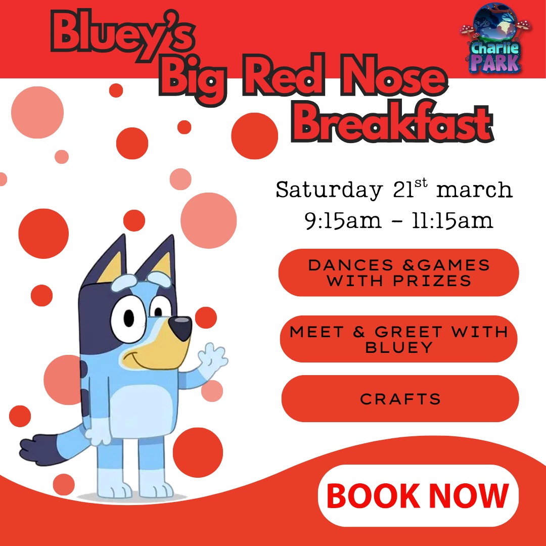 Promotional poster for “Bluey’s Big Red Nose Breakfast” at Charlie Park. Red and white design with red dots and a cartoon Bluey character on the left. Event details read Saturday 21st March, 9:15am to 11:15am. Highlights include dances and games with prizes, meet and greet with Bluey, and crafts. A “Book Now” button appears at the bottom.