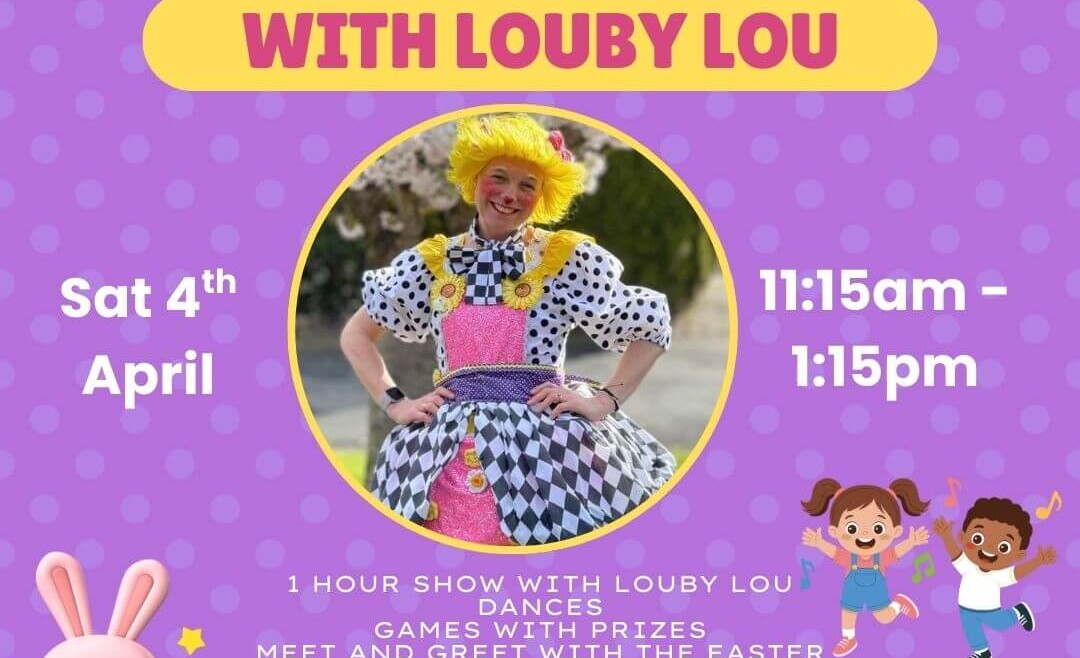 Purple Charlie Park event poster titled “Hop till you drop with Louby Lou” featuring a performer in a bright yellow wig and colourful dress, plus details for Saturday 4th April, 11.15am to 1.15pm, with an Easter Bunny meet and greet, games with prizes, and a free hot cross bun for every adult.