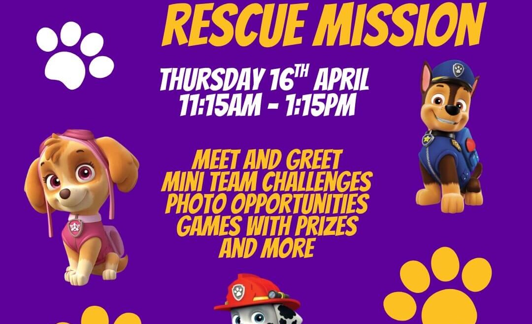Purple event poster for “Paw Patrol Rescue Mission” at Charlie Park. Text shows Thursday 16th April, 11:15am to 1:15pm. Listed activities include meet and greet, mini team challenges, photo opportunities, games with prizes and more. Paw print graphics appear around images of Paw Patrol characters, with booking details shown as charlie-park.co.uk.