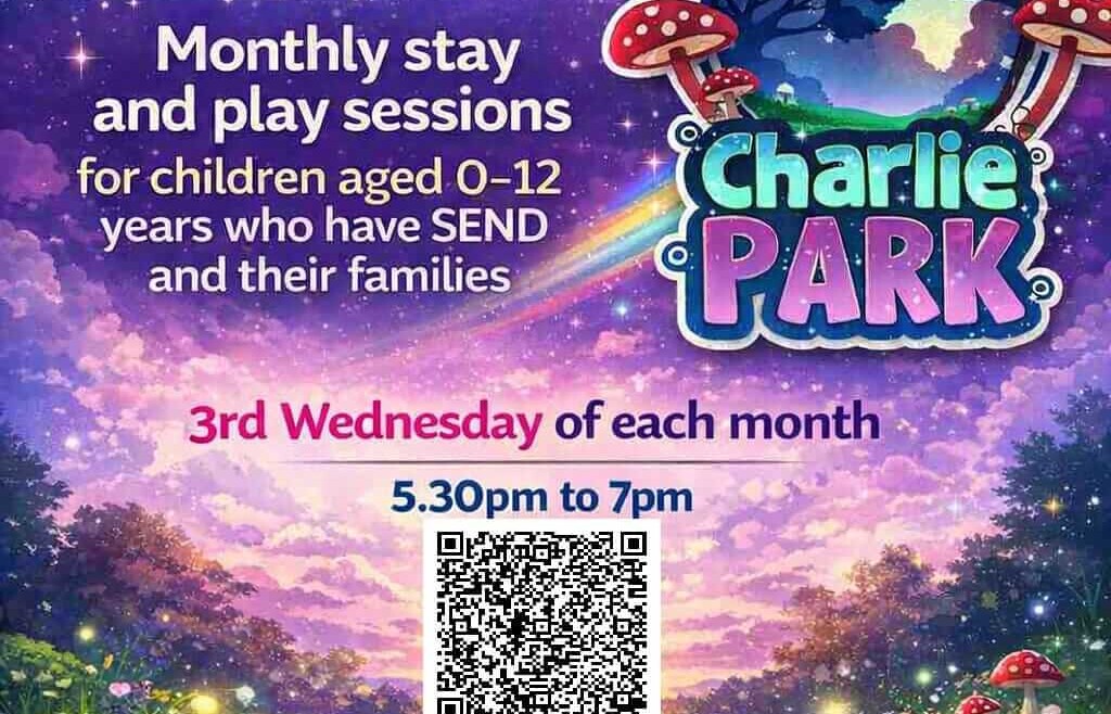 Bright, colourful poster promoting Breaking Barriers North West monthly stay and play sessions at Charlie Park for children aged 0 to 12 with SEND and their families, held on the third Wednesday of each month from 5.30pm to 7pm, with a QR code for booking and website links displayed.