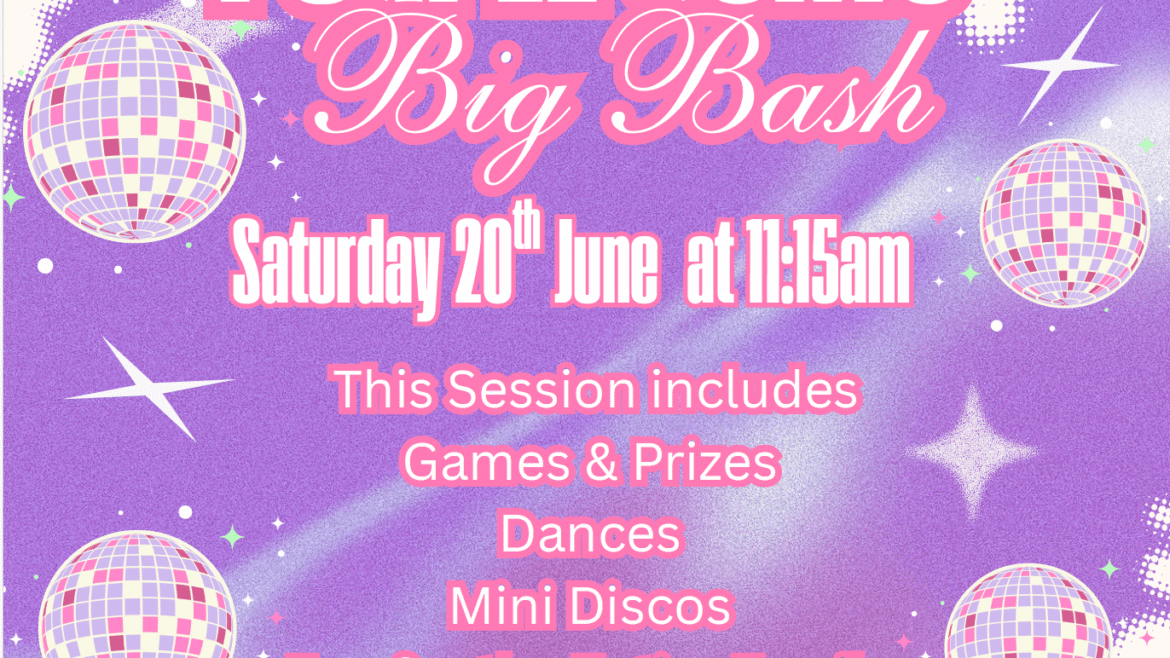 Poster for Charlie Park’s Purple Coats Big Bash event featuring a purple disco themed background with disco balls and sparkles. The poster advertises a family fun session on Saturday 20th June at 11:15am, including games and prizes, dances, mini discos, and fun for the entire family. Charlie Park logo displayed in the top left corner with booking information