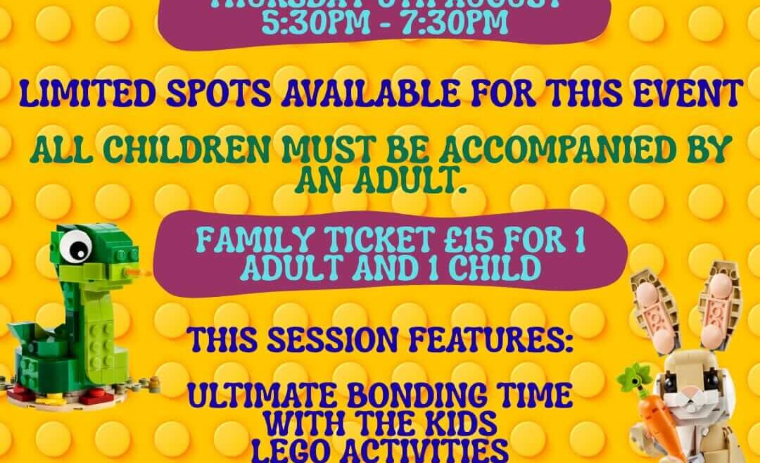 Promotional poster for Charlie Park's LEGO Master Class in partnership with NW Brick Community. The event takes place on Thursday 6th August from 5:30pm to 7:30pm and features LEGO activities, family bonding time, and a free drink for every attendee. The poster includes LEGO models of a dinosaur, rabbit, racing car, and minifigure. Family tickets cost £15 for one adult and one child, and all children must be accompanied by an adult.