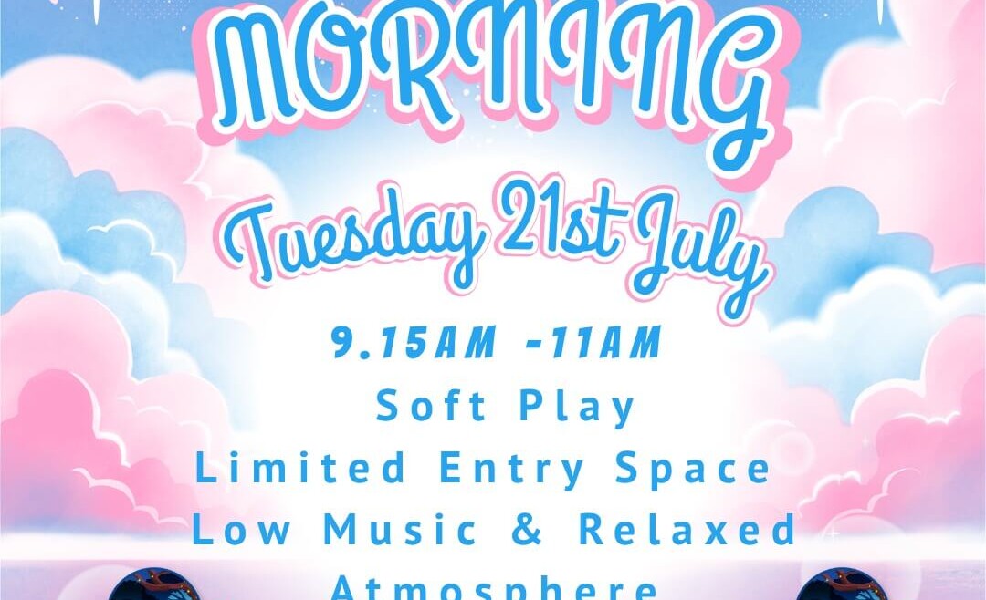 Promotional poster for Charlie Park's SEN Morning featuring a pastel blue and pink cloud themed background. The event takes place on Tuesday 21st July from 9:15am to 11:00am and offers soft play, limited entry spaces, low music, and a relaxed atmosphere. Charlie Park logos are displayed at the bottom with booking information at www.charlie-park.co.uk.