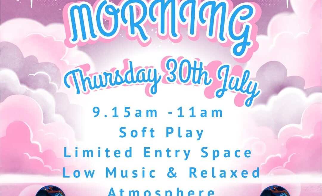 Promotional poster for Charlie Park's SEN Morning featuring a pink and purple cloud themed background with stars and sparkles. The event takes place on Thursday 30th July from 9:15am to 11:00am and offers soft play, limited entry spaces, low music, and a relaxed atmosphere. Charlie Park logos and booking information are displayed at the bottom of the poster.