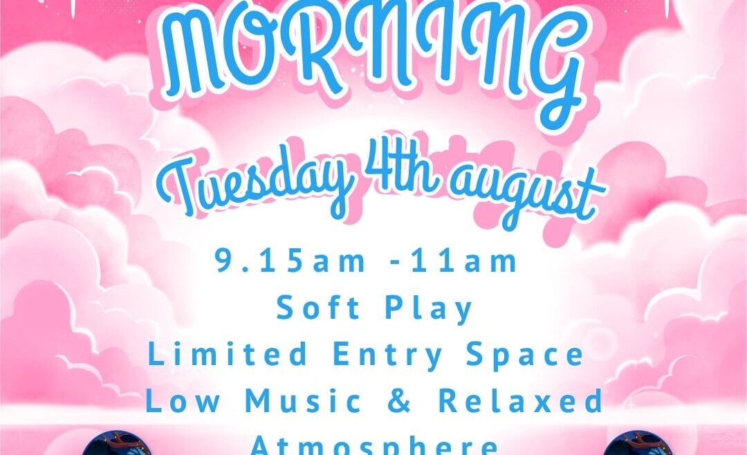 Promotional poster for Charlie Park's SEN Morning featuring a bright pink cloud themed background with stars and sparkles. The event takes place on Tuesday 4th August from 9:15am to 11:00am and includes soft play, limited entry spaces, low music, and a relaxed atmosphere. Charlie Park logos and booking information are displayed at the bottom of the poster.