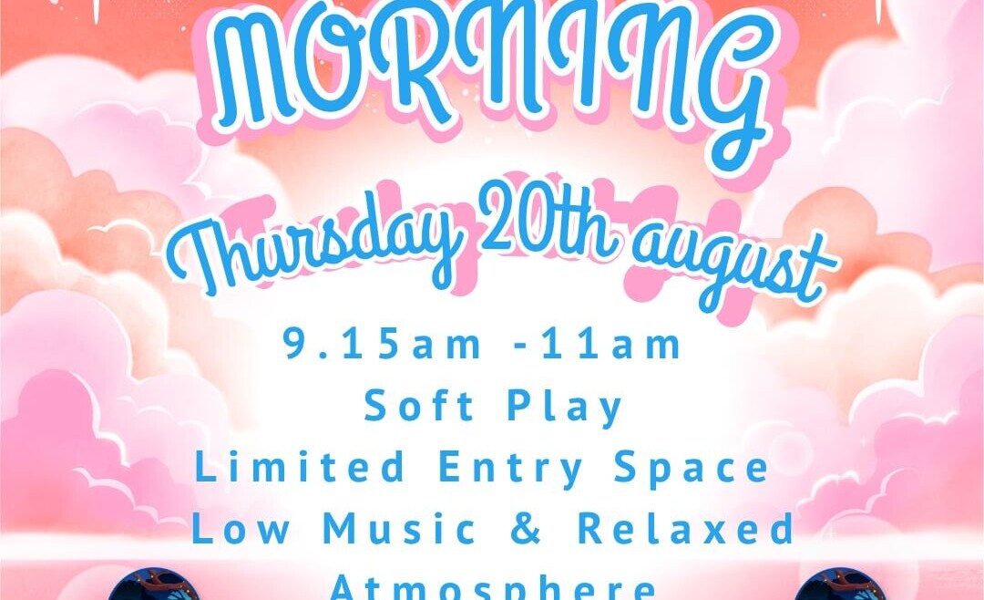 Promotional poster for Charlie Park's SEN Morning featuring a pink and peach cloud themed background with stars and sparkles. The event takes place on Thursday 20th August from 9:15am to 11:00am and offers soft play, limited entry spaces, low music, and a relaxed atmosphere. Charlie Park logos and booking information are displayed at the bottom of the poster.