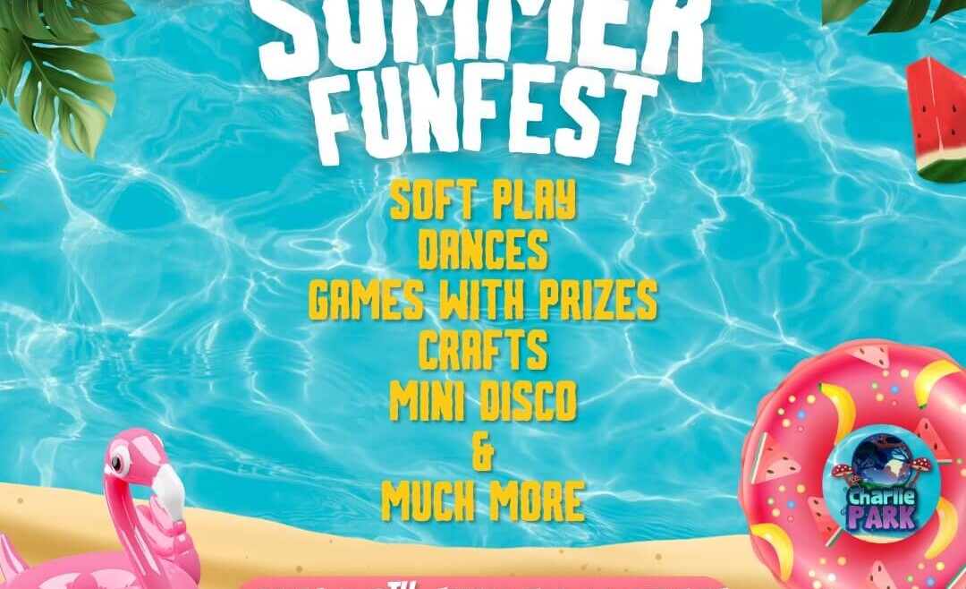 Promotional poster for Charlie Park’s Summer Funfest featuring a tropical beach and swimming pool theme with palm leaves, watermelon slices, a flamingo float, and an inflatable ring. The event takes place on Sunday 26th July at 11:15am and includes soft play, dances, games with prizes, crafts, a mini disco, and more. Booking information is displayed at www.charlie-park.co.uk.