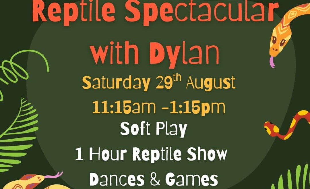 Promotional poster for Charlie Park's Reptile Spectacular with Dylan featuring a jungle themed background with tropical leaves and illustrated snakes. The event takes place on Saturday 29th August from 11:15am to 1:15pm and includes soft play, a one hour reptile show, dances, and games. Booking information is displayed at www.charlie-park.co.uk.
