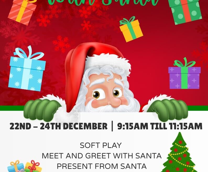 Breakfast with Santa at Charlie Park from 22nd to 24th December, with soft play, Santa, presents, games, dancing and Christmas crafts.