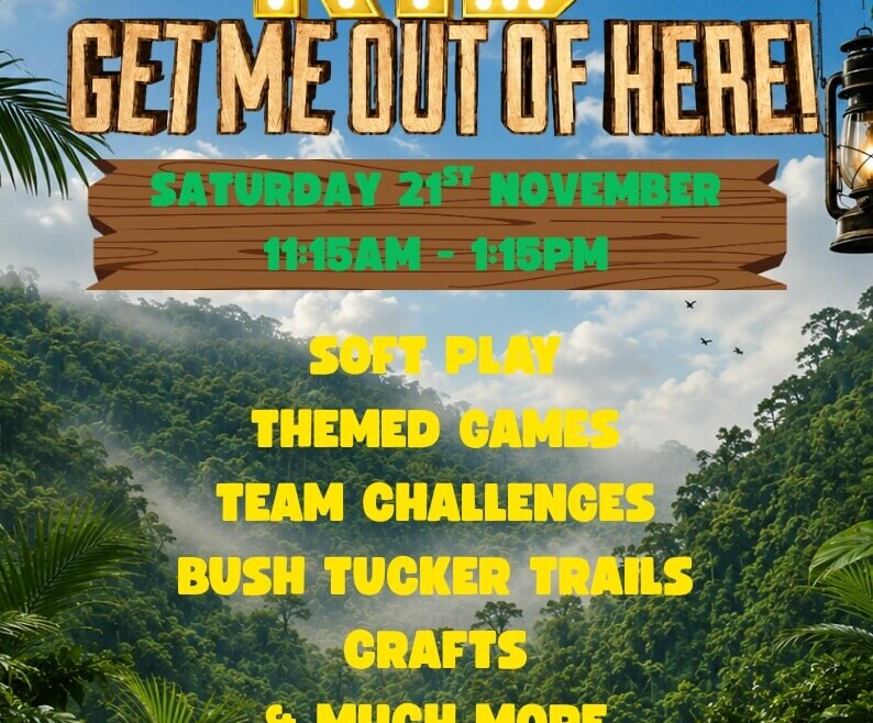 I’m a Kid, Get Me Out of Here at Charlie Park on 21st November with soft play, themed games, team challenges, Bush Tucker Trials and crafts.