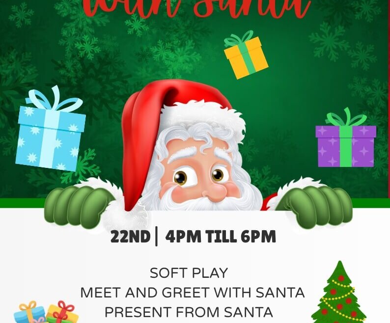 Tea with Santa at Charlie Park on 22nd December, featuring soft play, Santa meet and greet, presents, games, dancing and Christmas crafts.